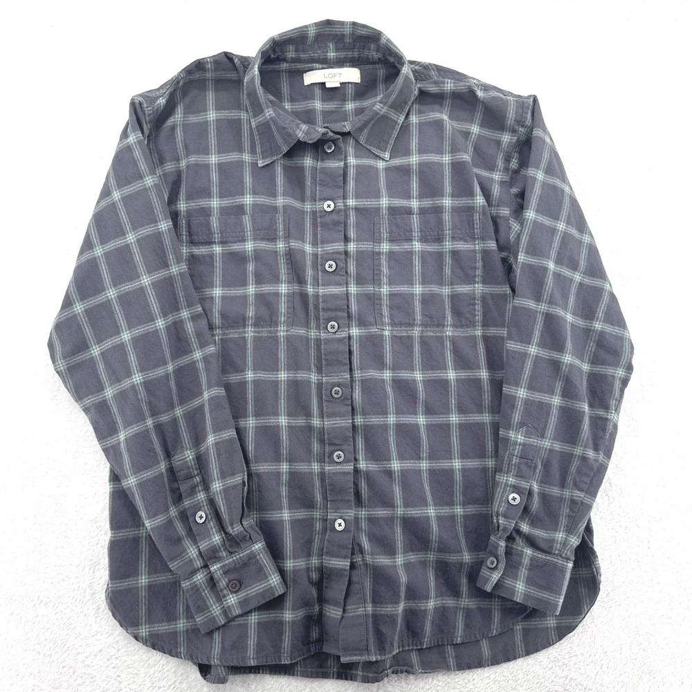 LOFT Plaid Women Button Down Flannel Shirt Medium Grey Teal Long Sleeve